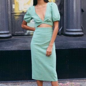 NWOT Zara SS21 Green Gingham Cutout Dress Size M